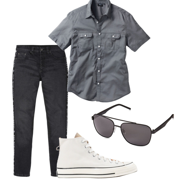 Outfit uomo - Urban #5454. Stile Urban per Tutti i giorni. Abbinamento con camicie a manica corta, jeans slim fit, sneakers, occhiali da sole.