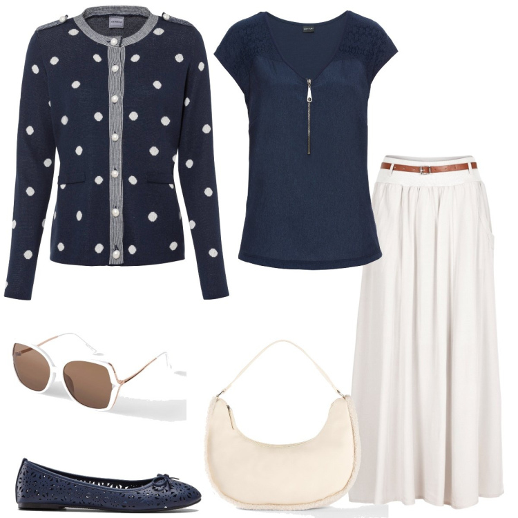 Outfit donna - Total look #1579024. Stile Bon Ton per Tutti i giorni. Abbinamento con gonne lunghe, t-shirt, cardigans, ballerine, borse a mano, occhiali da sole.
