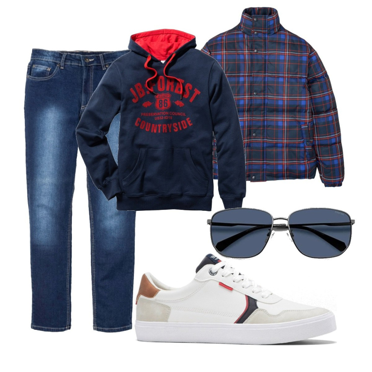 Outfit uomo - Casual #8712. Stile Casual per Tutti i giorni. Abbinamento con felpe con cappuccio, jeans slim fit, sneakers, giacche, occhiali da sole.