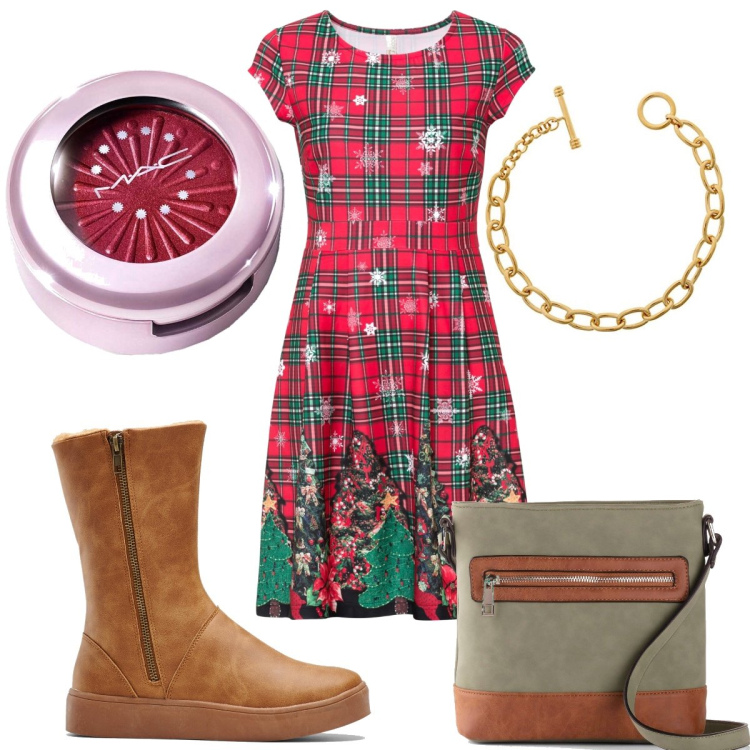 Outfit donna - Trendy #7465. Stile Trendy per Tutti i giorni. Abbinamento con stivali, vestiti corti, borse a tracolla, ombretti, braccialetti.