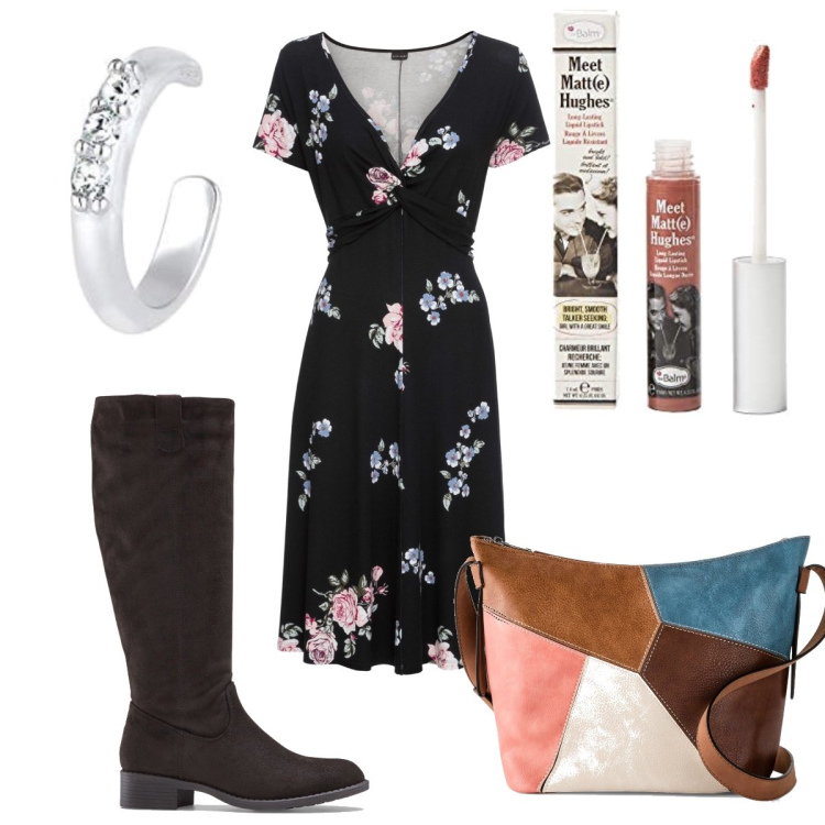 Outfit donna - Trendy #7466. Stile Trendy per Tutti i giorni. Abbinamento con vestiti lunghi, stivali, borse a tracolla, rossetti, orecchini.