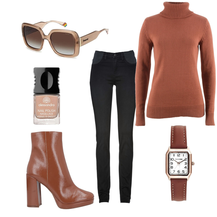 Outfit donna - Ancora un po\'. Stile Casual chic per Tutti i giorni. Abbinamento con jeans skinny, maglieria, stivaletti, occhiali da sole, orologi analogici, smalti.