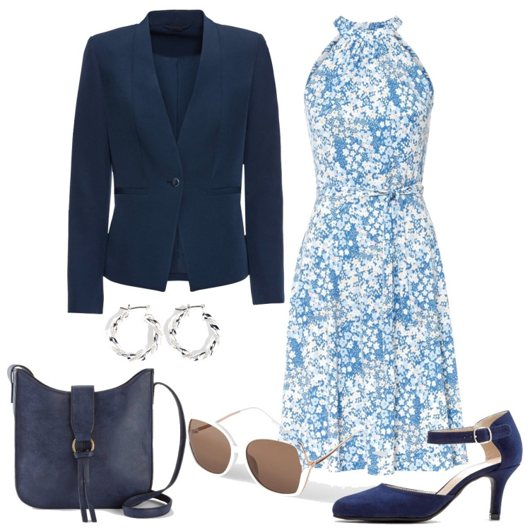 Outfit donna - Total look #1579073. Stile Romantica per Tutti i giorni. Abbinamento con blazer, décolleté, orecchini, vestiti, borse a tracolla, occhiali da sole.