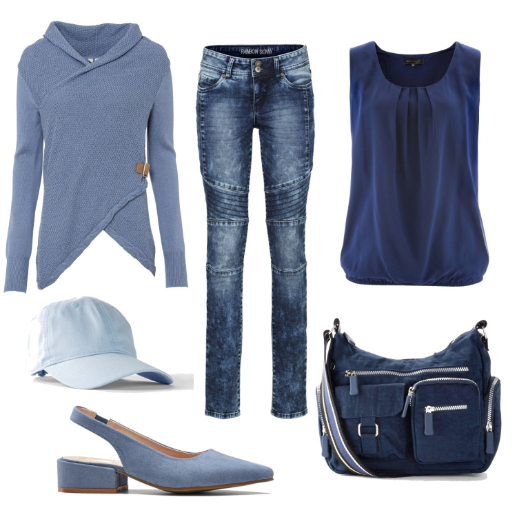 Outfit donna - Colori di ciello e brezza di mare. Stile Casual per Tutti i giorni. Abbinamento con top, décolleté, borse a tracolla, maglieria, jeans skinny, cappelli con visiera.