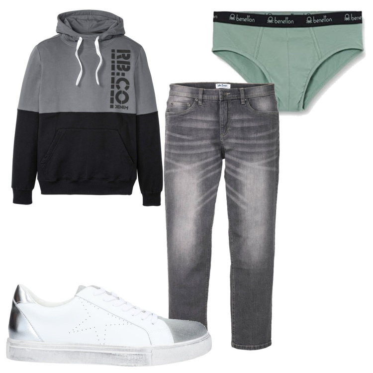 Outfit uomo - In libertà. Stile Casual per Tutti i giorni. Abbinamento con felpe con cappuccio, jeans dritti, sneakers, slip.