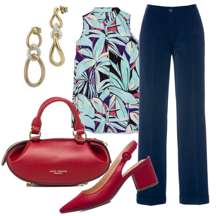 Outfit donna - Rosso primaverile. Stile Casual chic per Tutti i giorni. Abbinamento con pantaloni, orecchini, camicie, borse a mano, décolleté.