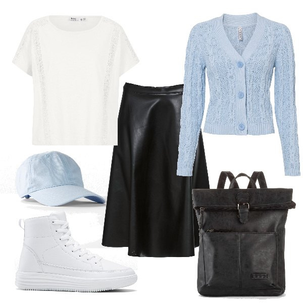 Outfit donna - Total look #1579165. Stile Urban per Scuola/Università. Abbinamento con zaini, cardigans, gonne, t-shirt, sneakers alte, cappelli con visiera.
