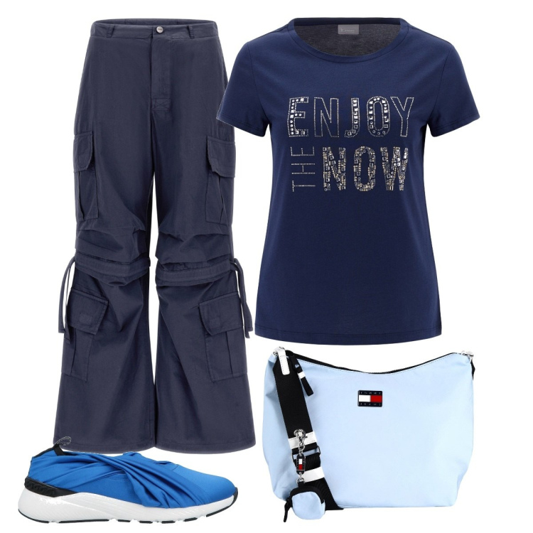 Outfit donna - Sporty chic #1706. Stile Sporty chic per Ufficio. Abbinamento con borse a tracolla, sneakers, pantaloni cargo, t-shirt.
