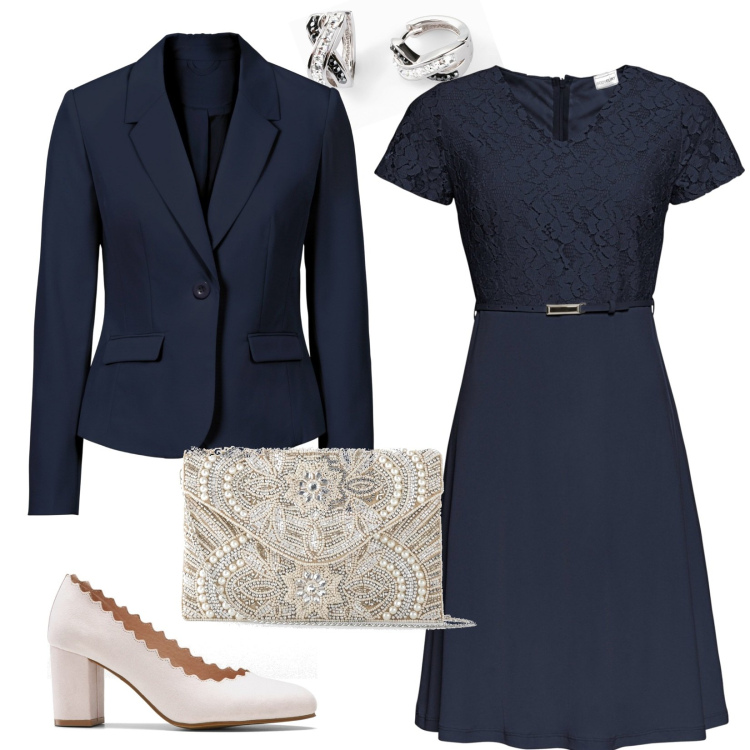 Outfit donna - Cerimonia in blu. Stile Bon Ton per Cerimonia. Abbinamento con vestiti corti, pochette, blazer, décolleté, orecchini.