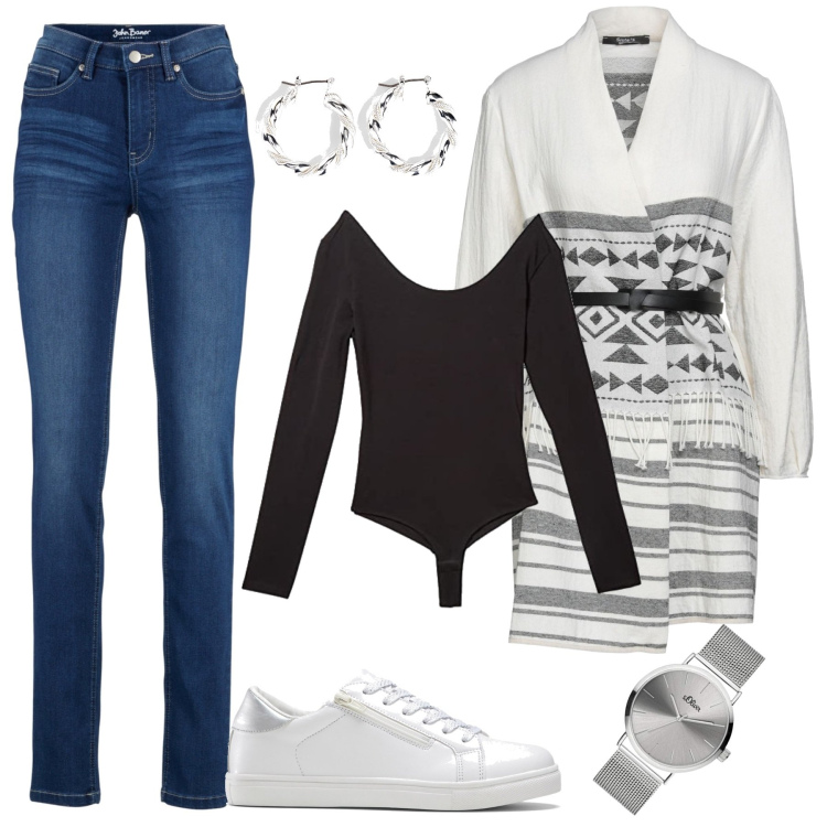 Outfit donna - Bianco e nero!. Stile Casual per Tutti i giorni. Abbinamento con jeans, orecchini, sneakers, cappotti, body, orologi analogici.