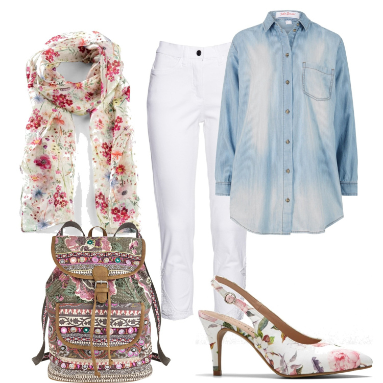 Outfit donna - Bonprix mix di primavera. Stile Romantica per Tutti i giorni. Abbinamento con foulard, camicie, décolleté, jeans, zaini.