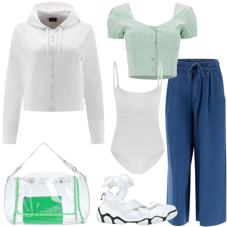 Outfit donna - Total look #1579333. Stile Casual per Tutti i giorni. Abbinamento con ballerine, borse a mano, body, pantaloni culotte, top, felpe con cappuccio.
