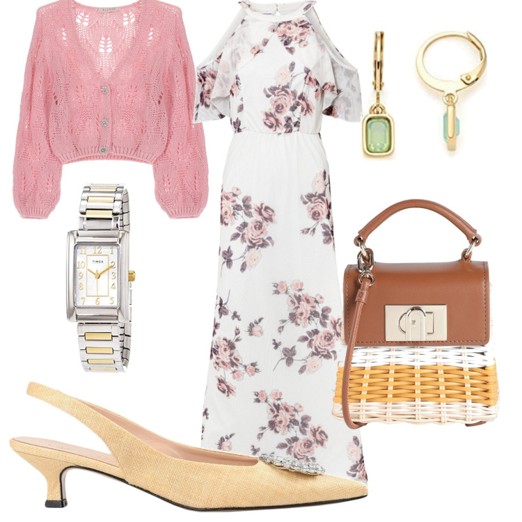 Outfit donna - Rose di Sicilia. Stile Trendy per Tutti i giorni. look ideale per Petite. Abbinamento con cardigans, décolleté, borse a mano, vestiti lunghi, orologi, orecchini.