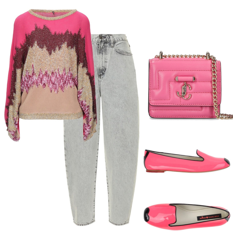Outfit donna - Dettagli fluo. Stile Casual chic per Ufficio. Abbinamento con mocassini, pullovers, jeans, borse a spalla.