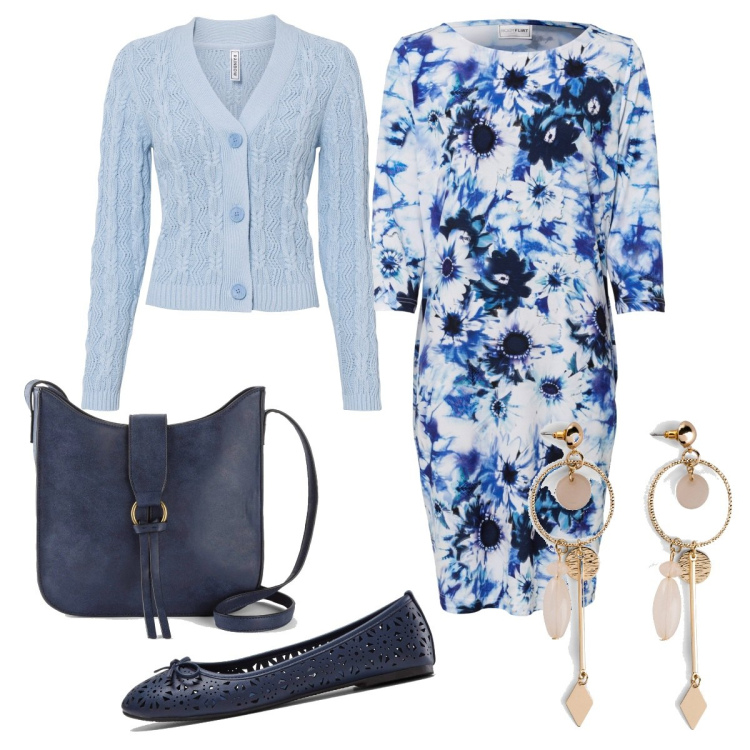 Outfit donna - Celeste nostalgia. Stile Bon Ton per Ufficio. Abbinamento con ballerine, orecchini, vestiti, cardigans, borse a tracolla.