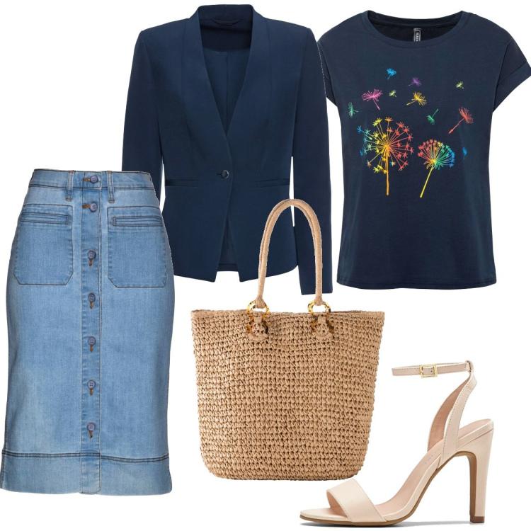 Outfit donna - Jeans e giacca. Stile Bon Ton per Ufficio. Abbinamento con gonne, blazer, t-shirt, shopping bag, sandali col tacco.