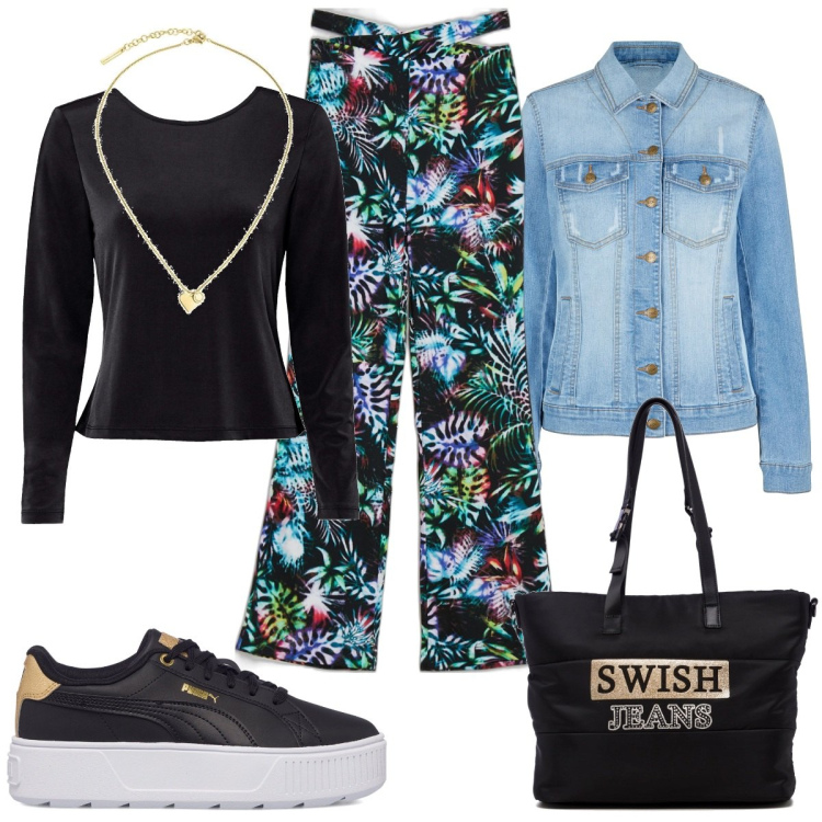 Outfit donna - Pantaloni in fiore. Stile Casual per Tutti i giorni. Abbinamento con blazer, maglieria, pantaloni, sneakers, borse a spalla, collane.