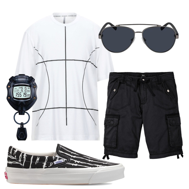 Outfit uomo - Black & White. Stile Casual per Mare. Abbinamento con bermuda, t-shirt, sneakers, orologi, occhiali da sole.