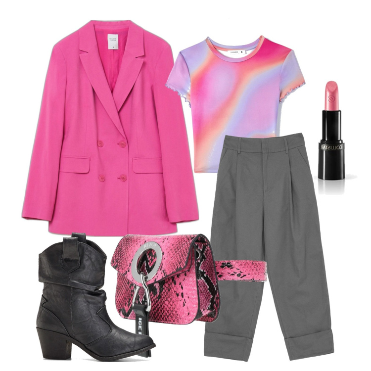 Outfit donna - Colore e fantasia. Stile Trendy per Tutti i giorni. Abbinamento con stivaletti texani, marsupi, t-shirt, pantaloni, giacche, rossetti.