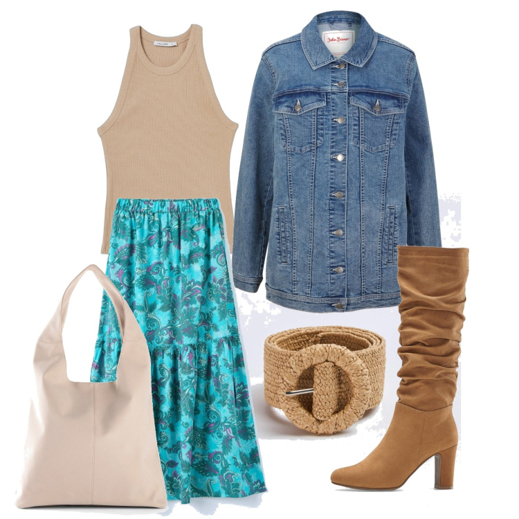 Outfit donna - La dinamica del colore. Stile Casual per Tutti i giorni. Abbinamento con blazer, stivali, shopping bag, cinture, gonne lunghe, top.