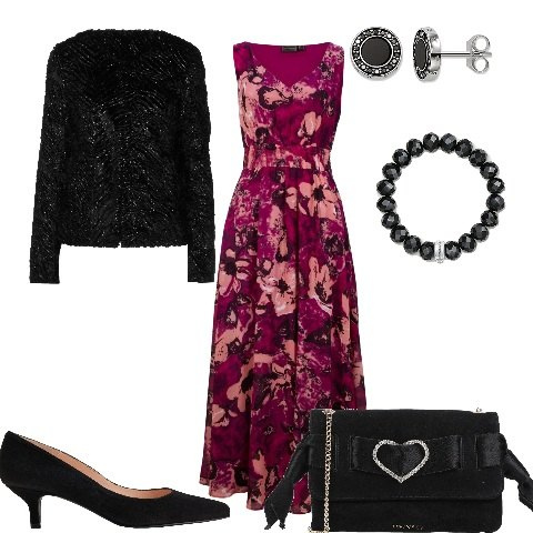 Outfit donna - Abito lungo per serata elegante. Stile Chic per Serata fuori. Abbinamento con vestiti lunghi, cappotti, borse a tracolla, décolleté, orecchini, braccialetti.