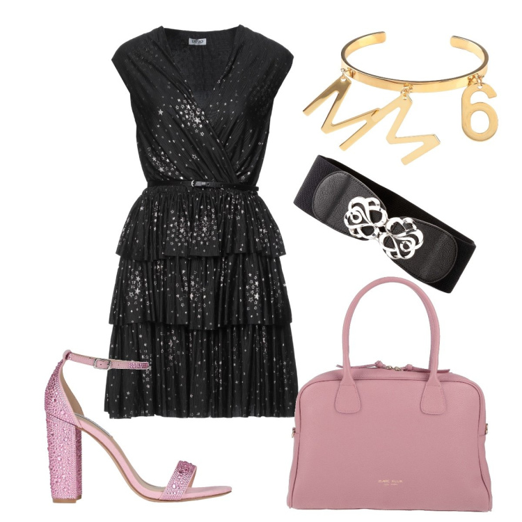Outfit donna - Un aperitivo speciale. Stile Bon Ton per Serata fuori. Abbinamento con cinture, vestiti corti, borse a mano, sandali col tacco, braccialetti.