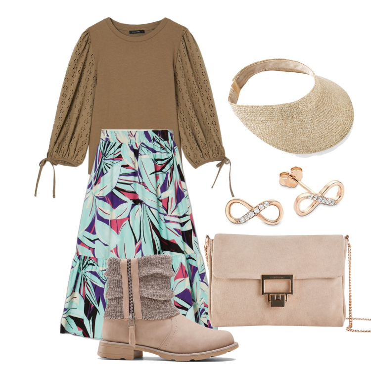 Outfit donna - Mi sento libera. Stile Casual per Tutti i giorni. Abbinamento con stivaletti, pochette, cappelli con visiera, gonne lunghe, t-shirt, orecchini.