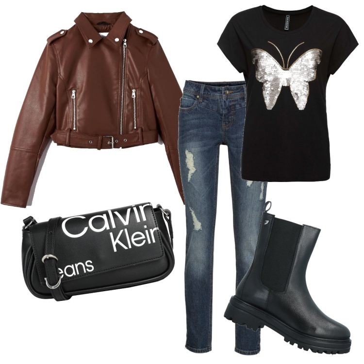 Outfit donna - La farfalla in paillettes. Stile Urban per Tutti i giorni. Abbinamento con maglieria, jeans strappati, borse a tracolla, stivaletti, cappotti.