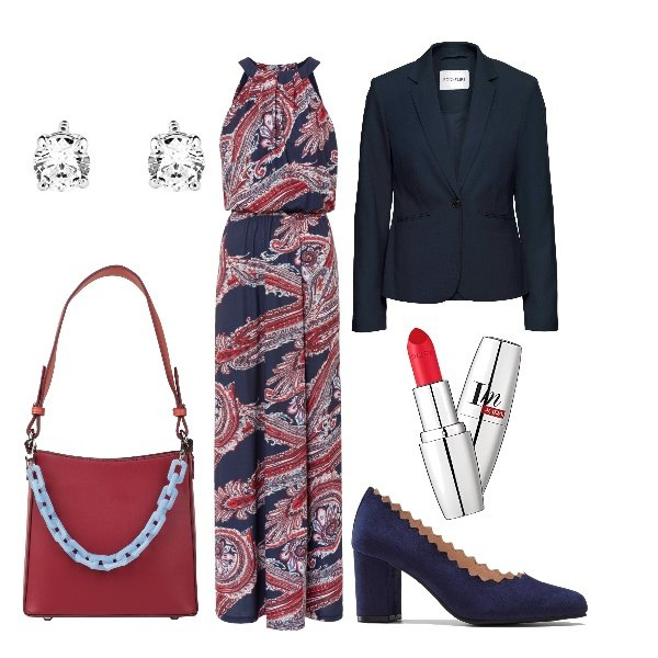 Outfit donna - Si è laureata Giulia!. Stile Chic per Cerimonia. Abbinamento con blazer, vestiti lunghi, décolleté, borse a mano, rossetti, orecchini.