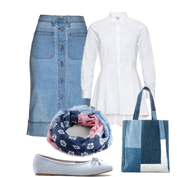 Outfit donna - BonPrix - Spring Edition. Stile Romantica per Tutti i giorni. Abbinamento con gonne, camicie, shopping bag, foulard, ballerine.