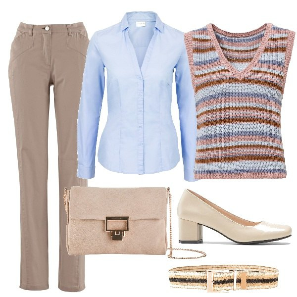 Outfit donna - BonPrix -Spring Edition. Stile Bon Ton per Ufficio. Abbinamento con camicie, gilet, pantaloni, décolleté, cinture, pochette.