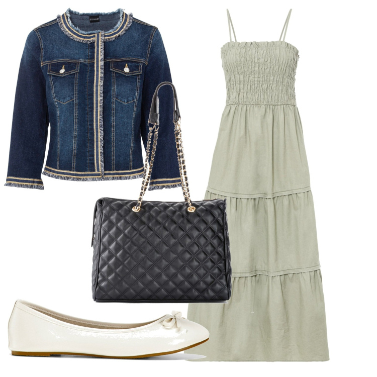 Outfit donna - Bon prix primavera. Stile Basic per Tutti i giorni. Abbinamento con blazer, shopping bag, ballerine, vestiti midi/longuette.