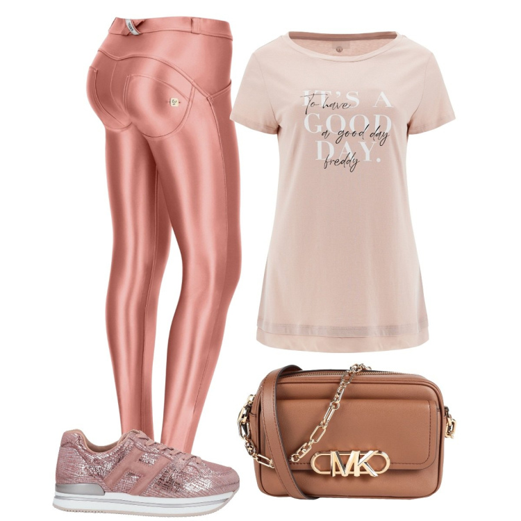 Outfit donna - Pantaloni push-up. Stile Sporty chic per Tutti i giorni. Abbinamento con sneakers, borse a tracolla, pantaloni skinny, t-shirt.