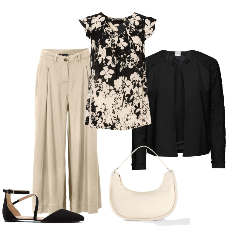 Outfit donna - BonPrix beige et noir. Stile Casual chic per Cerimonia. Abbinamento con blazer, pantaloni capri, camicie, ballerine, borse a mano.