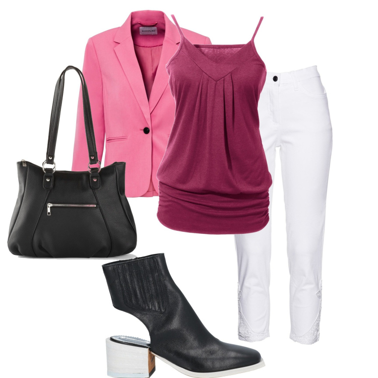 Outfit donna - Total look #1579640. Stile Urban per Tutti i giorni. Abbinamento con top, jeans, blazer, borse a mano, stivaletti.