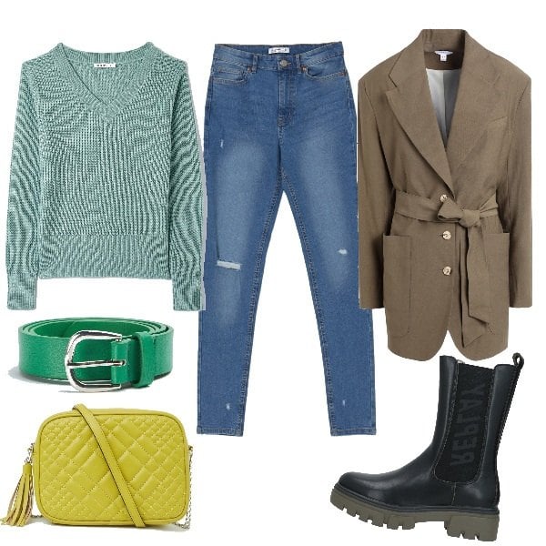 Outfit donna - Total look #1579642. Stile Casual per Tutti i giorni. Abbinamento con stivaletti, blazer, maglieria, cinture, jeans skinny, borse a tracolla.