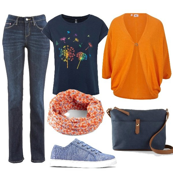 Outfit donna - Total look #1579652. Stile Casual per Tutti i giorni. Abbinamento con t-shirt, jeans dritti, cardigans, borse a tracolla, sneakers, pullovers.