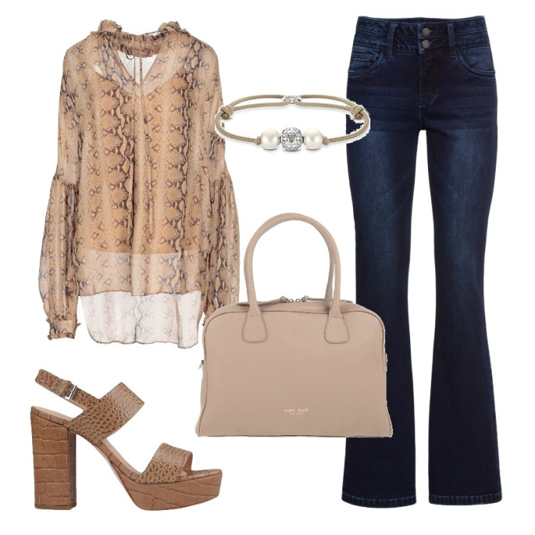 Outfit donna - Total look #1579663. Stile Trendy per Serata fuori. Abbinamento con jeans bootcut, bluse, sandali col tacco, borse a mano, braccialetti.
