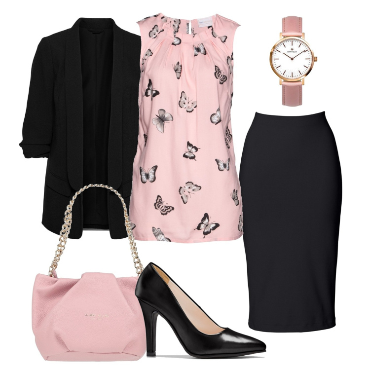 Outfit donna - Voglia di primavera #2. Stile Casual chic per Ufficio. Abbinamento con gonne longuette, blazer, top, décolleté, borse a mano, orologi analogici.