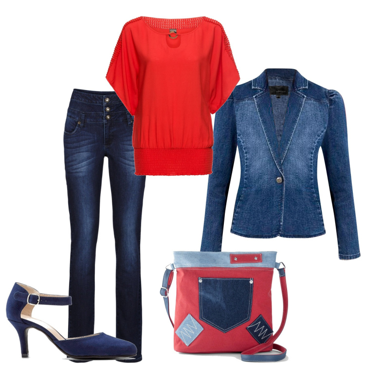 Outfit donna - In jeans BonPrix. Stile Casual chic per Tutti i giorni. Abbinamento con bluse, décolleté, blazer, borse a tracolla, jeans skinny.