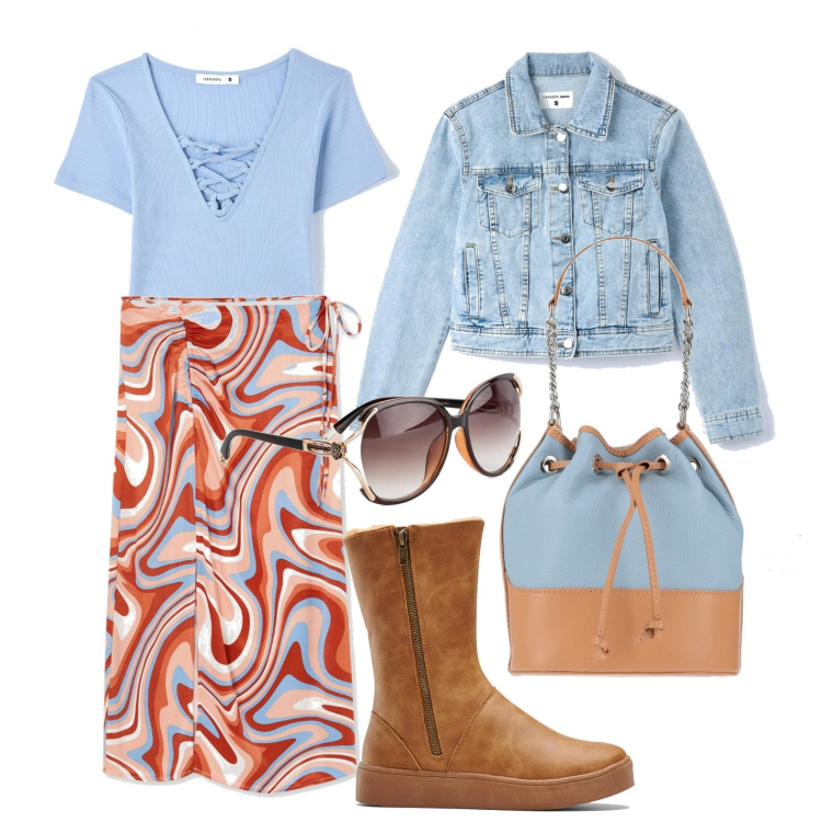 Outfit donna - Una gita per due. Stile Casual per Tutti i giorni. Abbinamento con stivali, occhiali da sole, borse a mano, t-shirt, cappotti, gonne longuette.