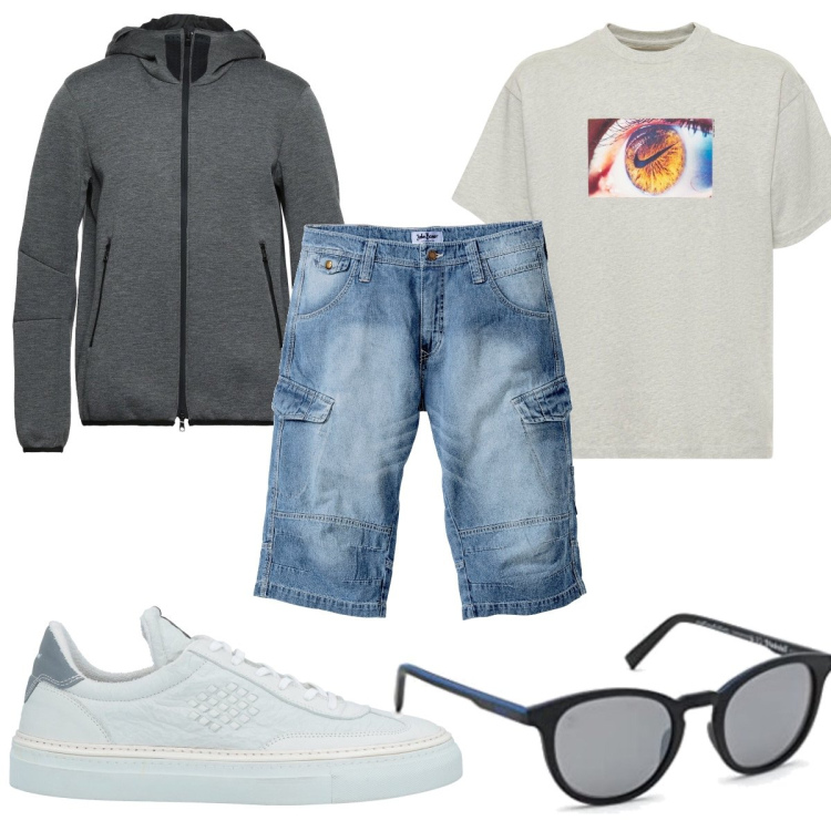 Outfit uomo - Total look #1579765. Stile Trendy per Tutti i giorni. Abbinamento con bermuda, giacche, sneakers, t-shirt, occhiali da sole.