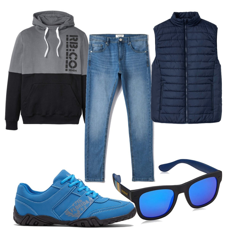 Outfit uomo - Total look #1579769. Stile Trendy per Tutti i giorni. Abbinamento con gilet, felpe con cappuccio, sneakers, jeans skinny, occhiali da sole.