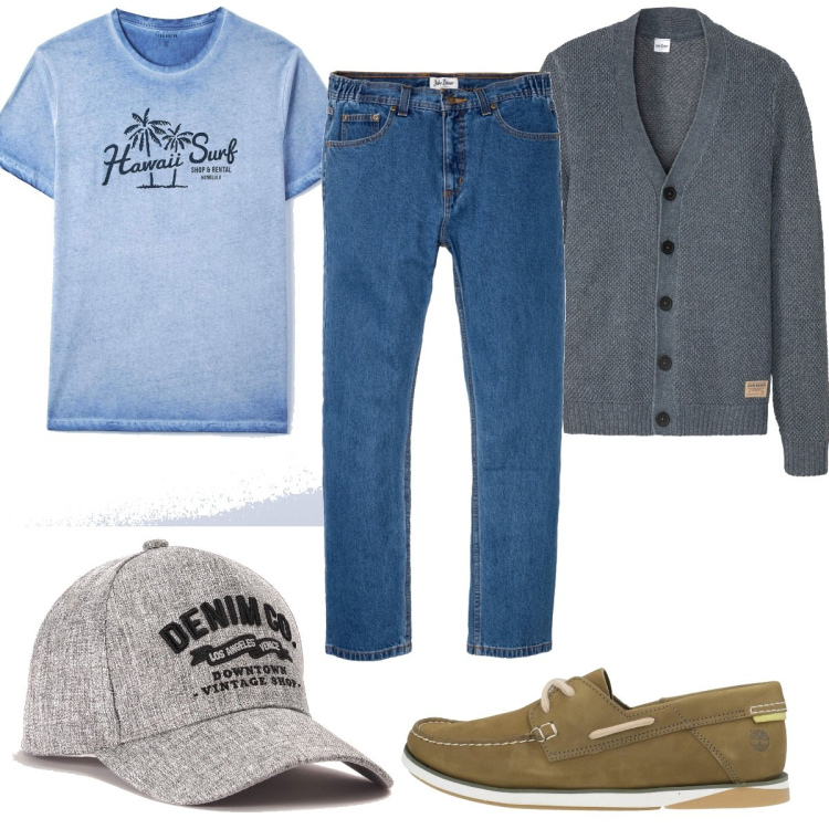 Outfit uomo - Total look #1579783. Stile Trendy per Tutti i giorni. Abbinamento con jeans dritti, cardigans, scarpe stringate, t-shirt, cappelli con visiera.