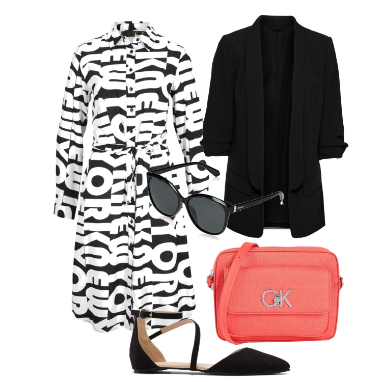 Outfit donna - A passeggio con la mia amica. Stile Urban per Tutti i giorni. Abbinamento con blazer, vestiti chemisier, ballerine, borse a tracolla, occhiali da sole.