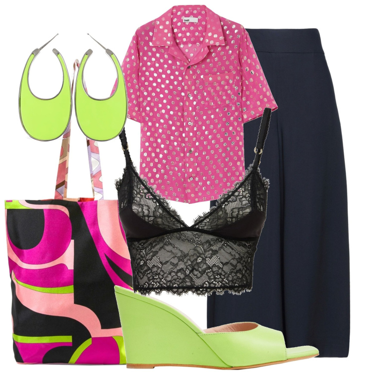 Outfit donna - Pucci bag. Stile Glamour per Tutti i giorni. Abbinamento con camicie a manica corta, pantaloni, sandali in pelle, reggiseni, shopping bag, orecchini.