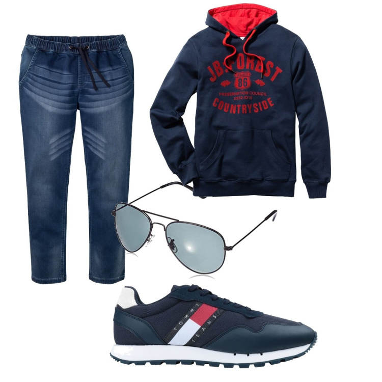 Outfit uomo - Casual #8806. Stile Casual per Tutti i giorni. Abbinamento con felpe con cappuccio, jeans slim fit, sneakers, occhiali da sole.