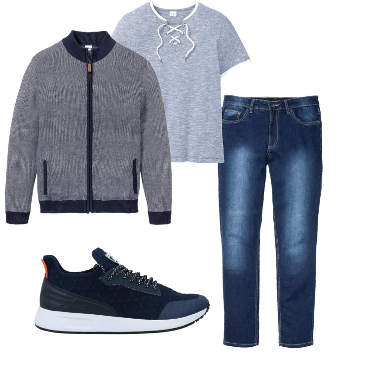 Outfit uomo - Casual #8809. Stile Casual per Tutti i giorni. Abbinamento con cardigans, t-shirt, jeans slim fit, sneakers.