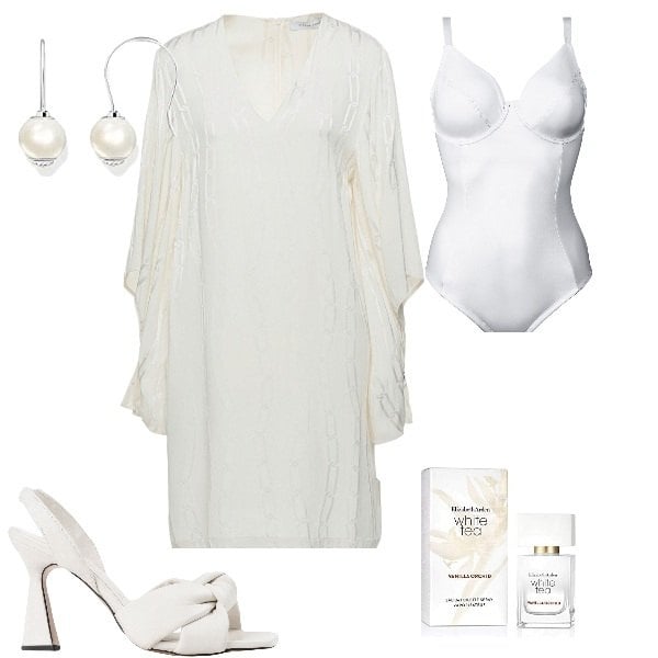 Outfit donna - Matrimonio civile. Stile Romantica per Cerimonia. Abbinamento con vestiti corti, sandali in pelle, body, profumi, orecchini.