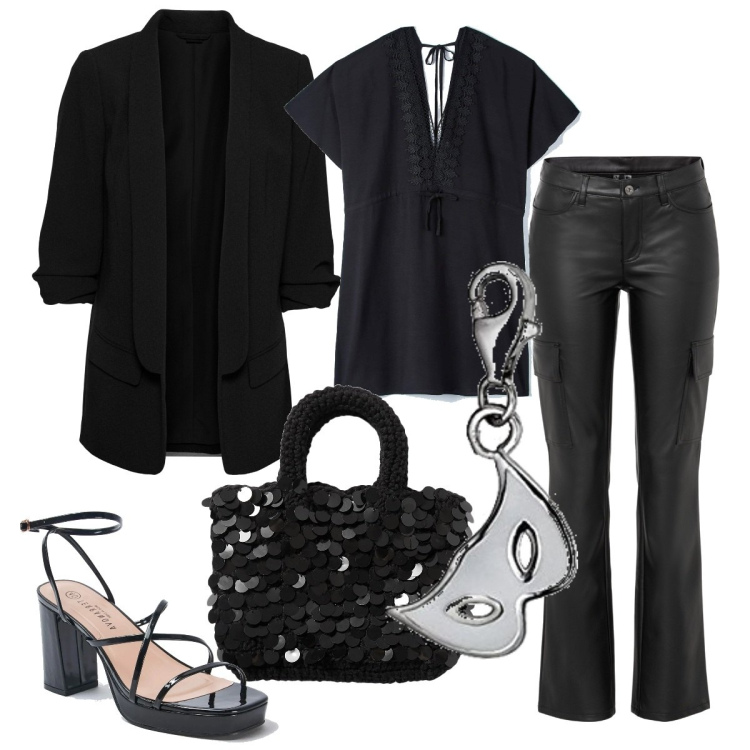 Outfit donna - Total look #1579864. Stile Chic per Serata fuori. Abbinamento con blazer, pantaloni cargo, borse a mano, vestiti, sandali in pelle, ciondoli.
